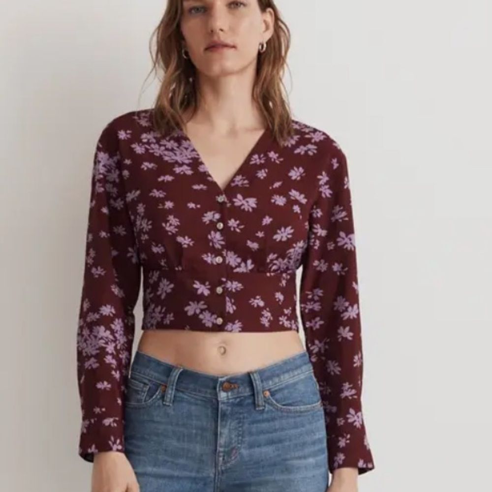 Madewell Burgundy Button-Down Shirt with Lilac Floral Print small